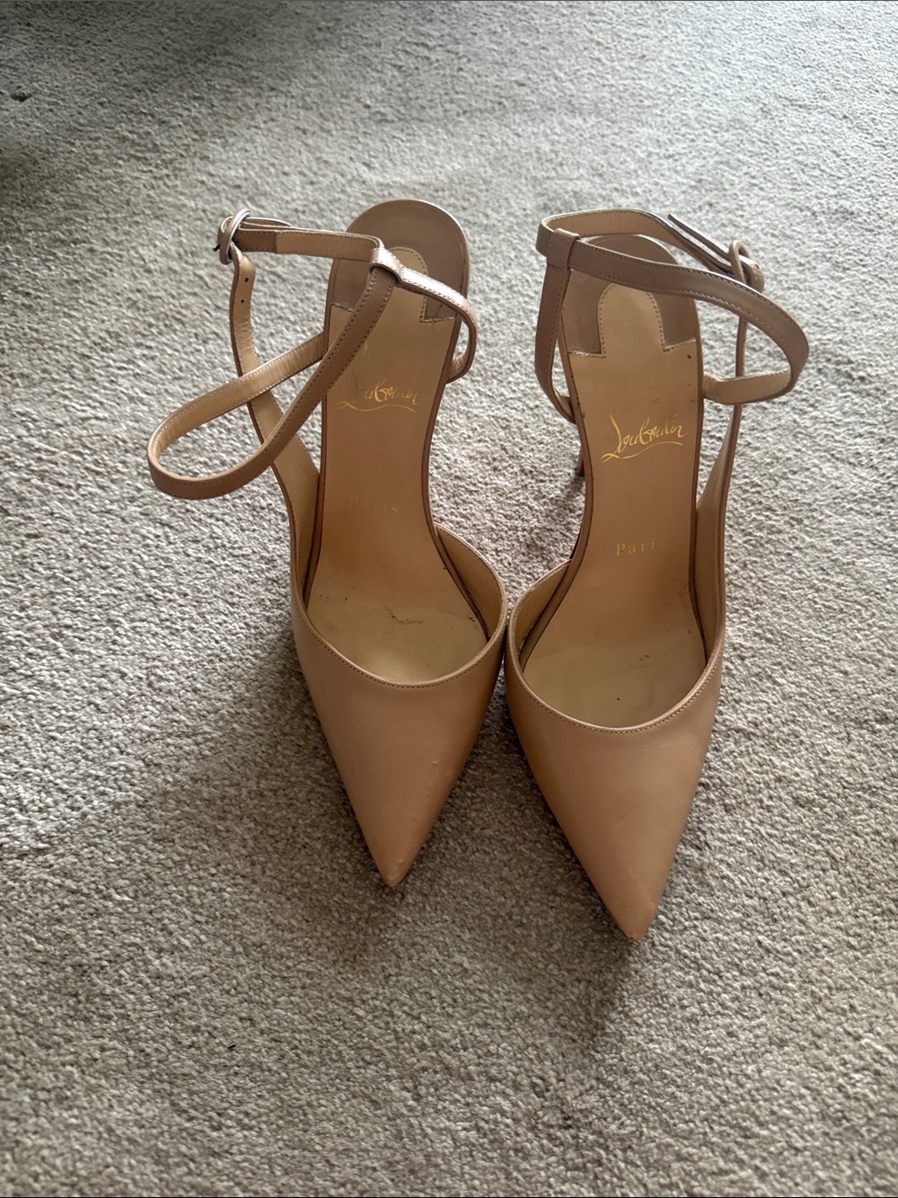 Christian Louboutin Beige Pointed-Toe Ankle-Strap Pumps